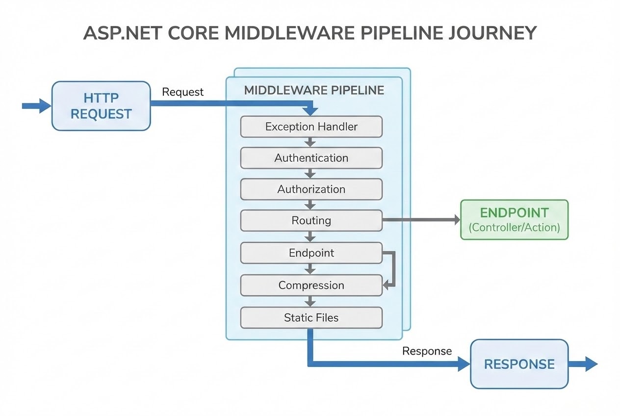 ภาพประกอบ การเดินทางของ HTTP Request ผ่าน Middleware Pipeline