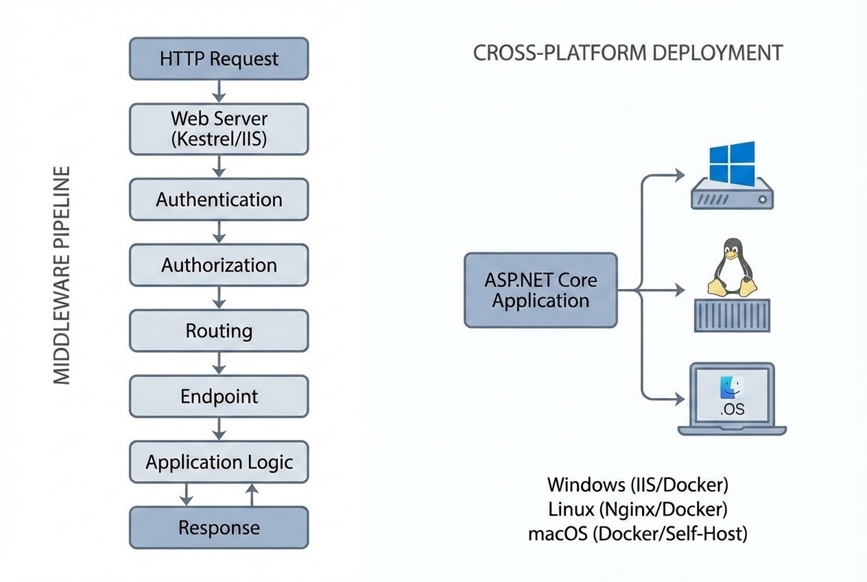 ภาพประกอบสถาปัตยกรรม Middleware และ Cross-platform ของ ASP.NET Core