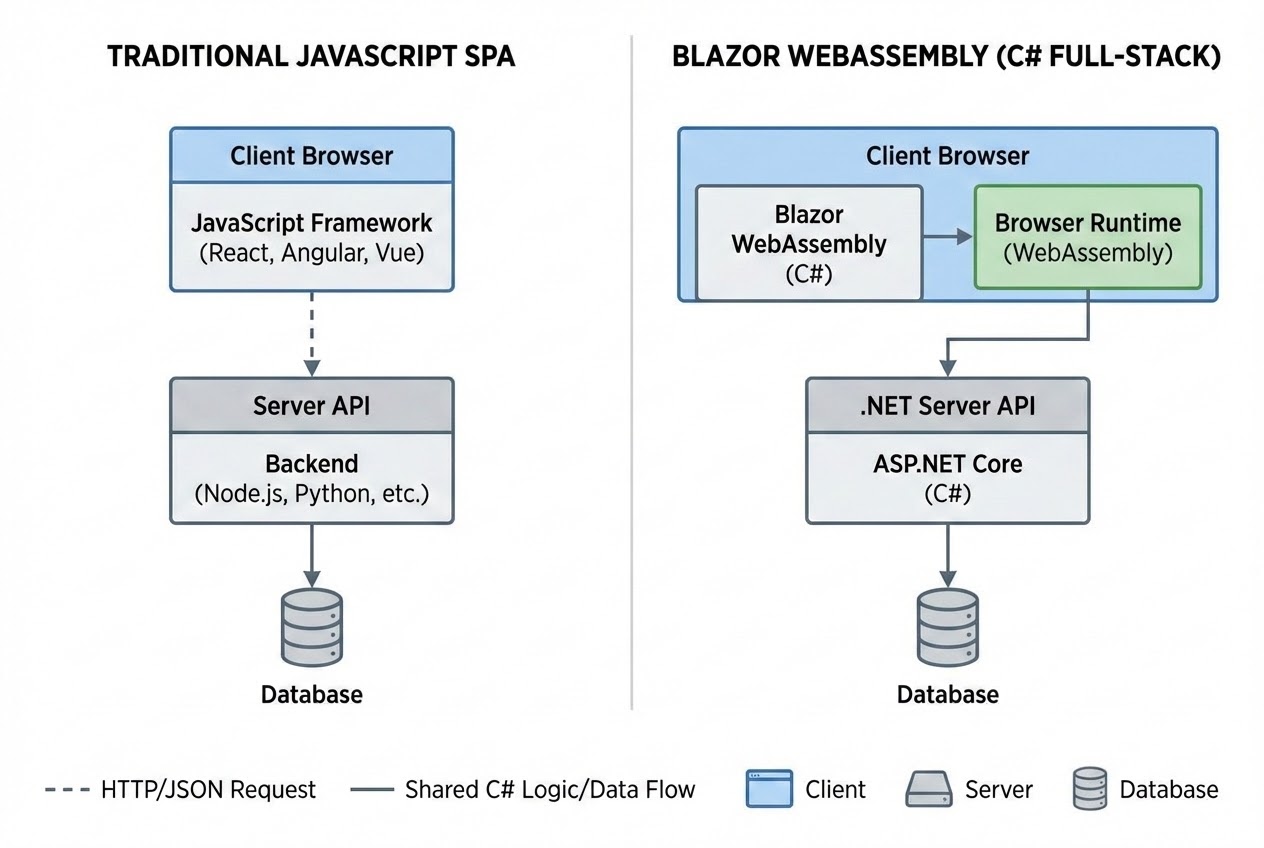 ภาพประกอบสถาปัตยกรรมเปรียบเทียบ Web แบบเดิมกับ Blazor