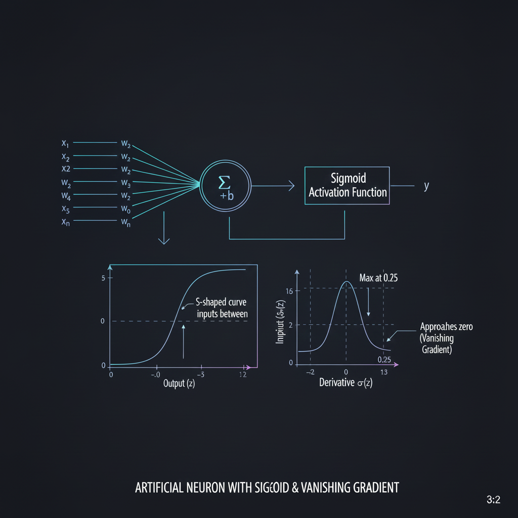 กราฟรูปตัว S ของ Sigmoid Function และกราฟแสดงปัญหา Vanishing Gradient