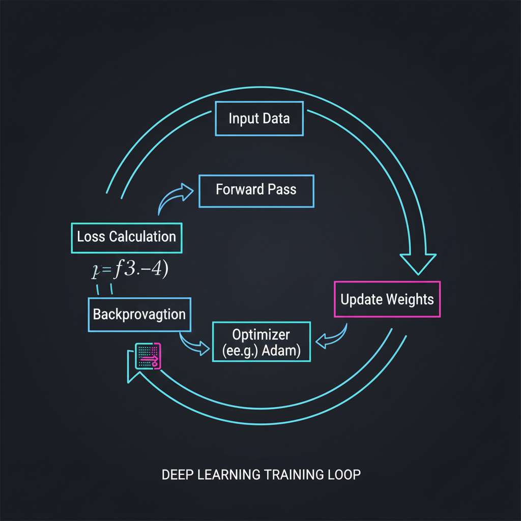 แผนภาพวงจรการ Training Model แสดง Forward Pass, Loss Function, Backpropagation และ Optimizer