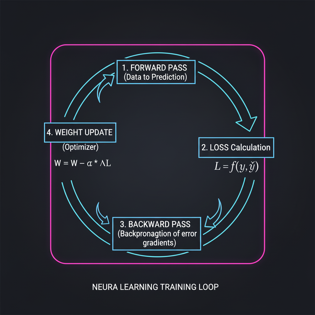 วัฏจักรการฝึกฝนโมเดล (Training Loop) และบทบาทของ Backpropagation ในกระบวนการ Backward Pass