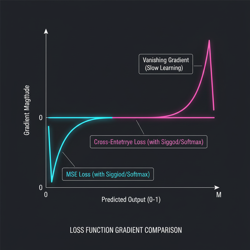 การเปรียบเทียบ Gradient ของ MSE ที่แบนราบ กับ Cross-Entropy ที่ชันและทำโทษแรงเมื่อทายผิด