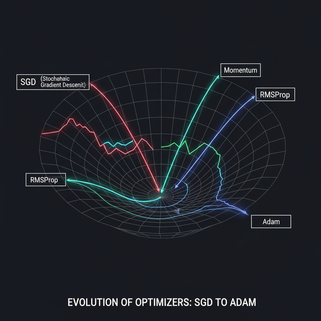การเปรียบเทียบเส้นทางการลู่เข้าสู่จุดต่ำสุดระหว่าง SGD, Momentum, RMSProp และ Adam