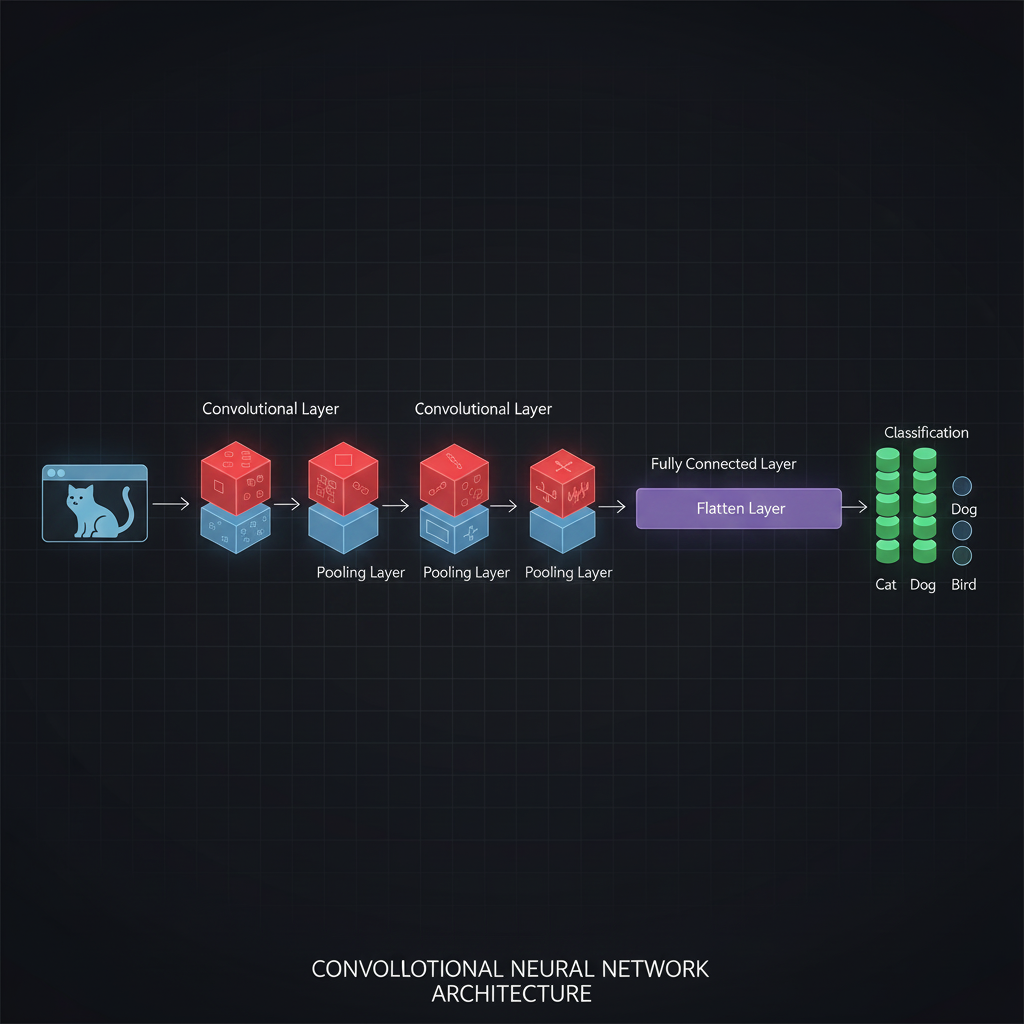 สถาปัตยกรรมของ CNN ที่ประกอบด้วย Feature Extraction (Conv + Pool) และ Classification (Fully Connected)