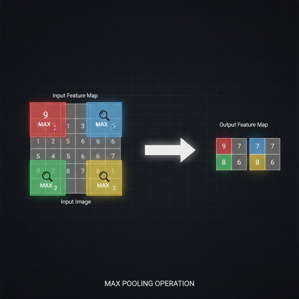 แผนภาพการทำงานของ Max Pooling ที่เลือกเฉพาะค่าสูงสุดในแต่ละหน้าต่าง 2x2
