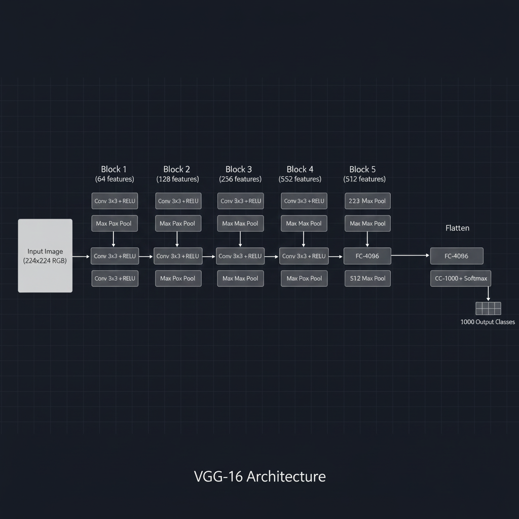 แผนภาพแสดงสถาปัตยกรรม VGG-16 ที่ประกอบด้วยบล็อกของ 3x3 Convolutions สลับกับ Max Pooling อย่างเป็นระเบียบ