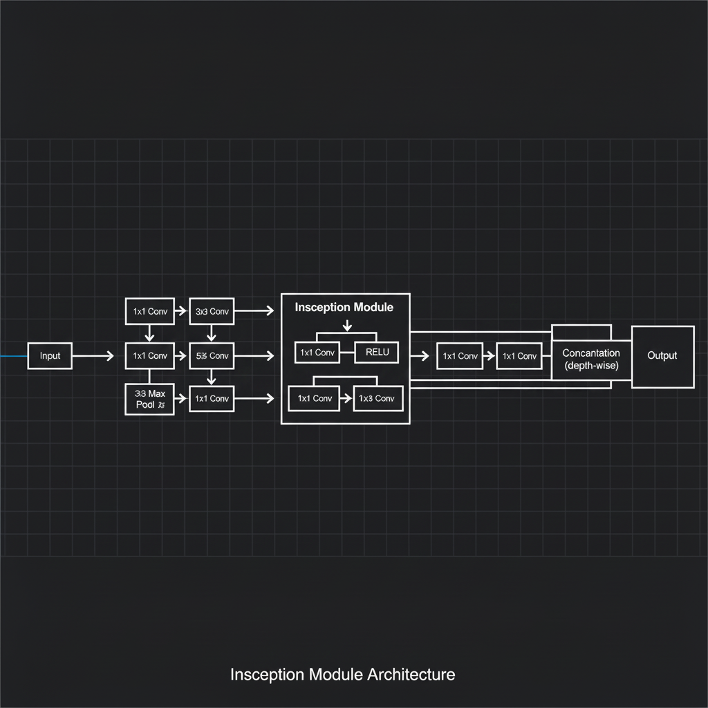 แผนภาพ Inception Module ที่แสดงการทำงานแบบขนานของ Convolution 1x1, 3x3, 5x5 และการใช้ Bottleneck เพื่อลดการคำนวณ