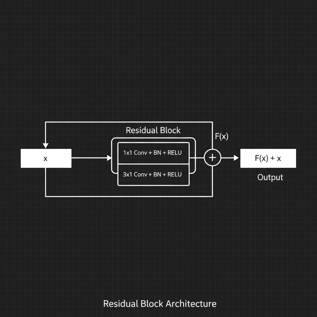 แผนภาพการทำงานของ Residual Block แสดงทางลัด (Skip Connection) ที่นำค่า Input ต้นฉบับมาบวกกับผลลัพธ์