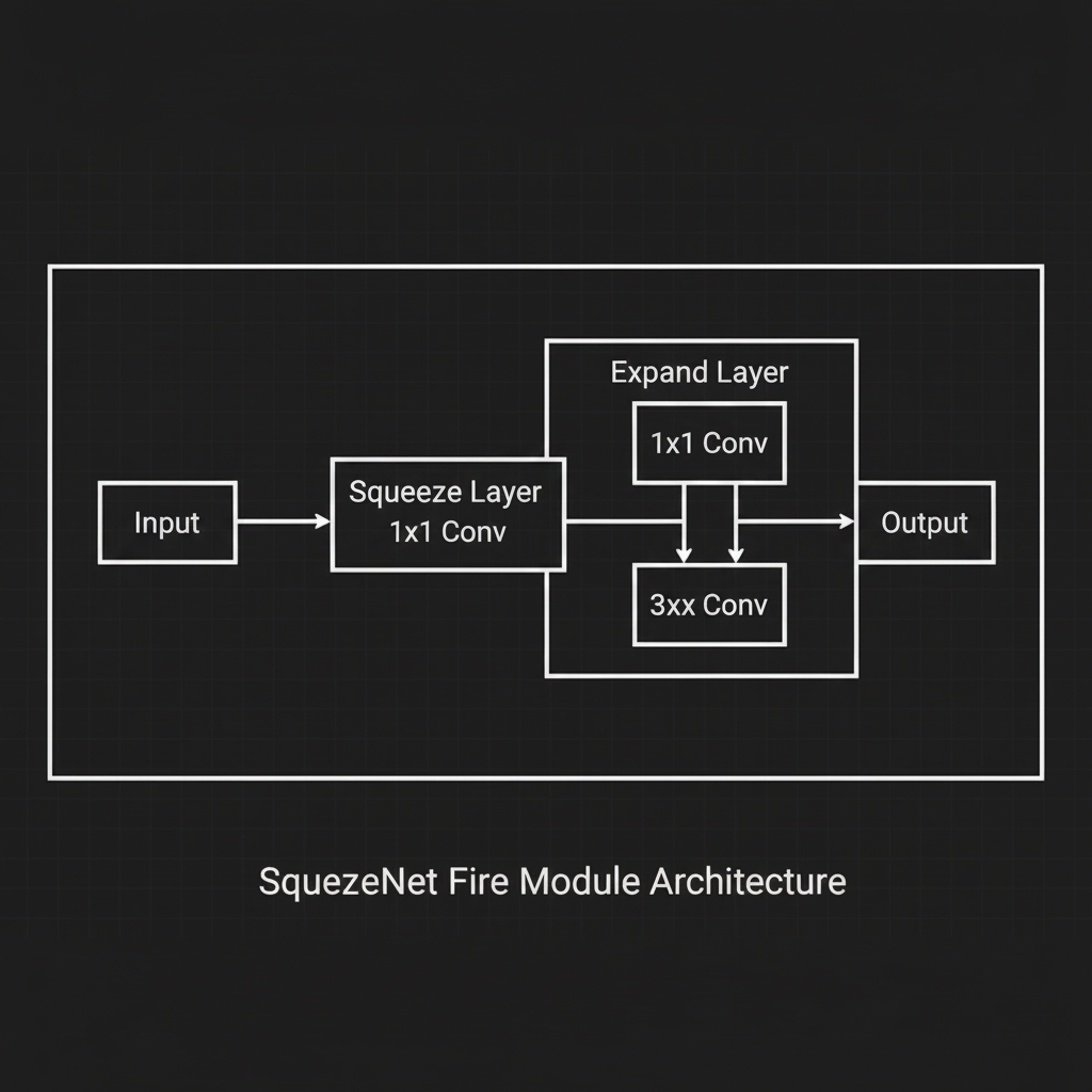 แผนภาพแสดงการทำงานของ Fire Module ที่ประกอบด้วย Squeeze Layer (1x1) และ Expand Layer (1x1 ขนานกับ 3x3)