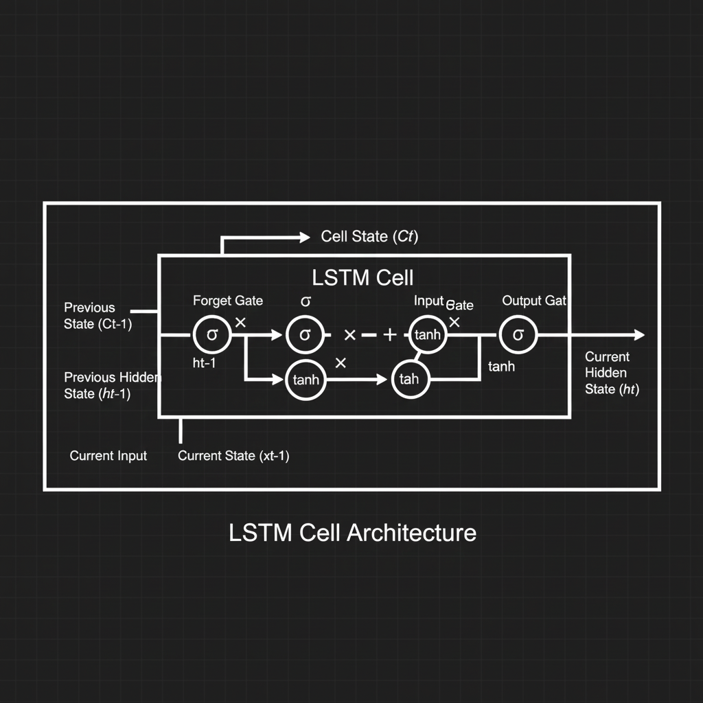 แผนภาพแสดงโครงสร้างภายในของ LSTM Cell ที่ประกอบด้วย Forget Gate, Input Gate, และ Output Gate ควบคุม Cell State
