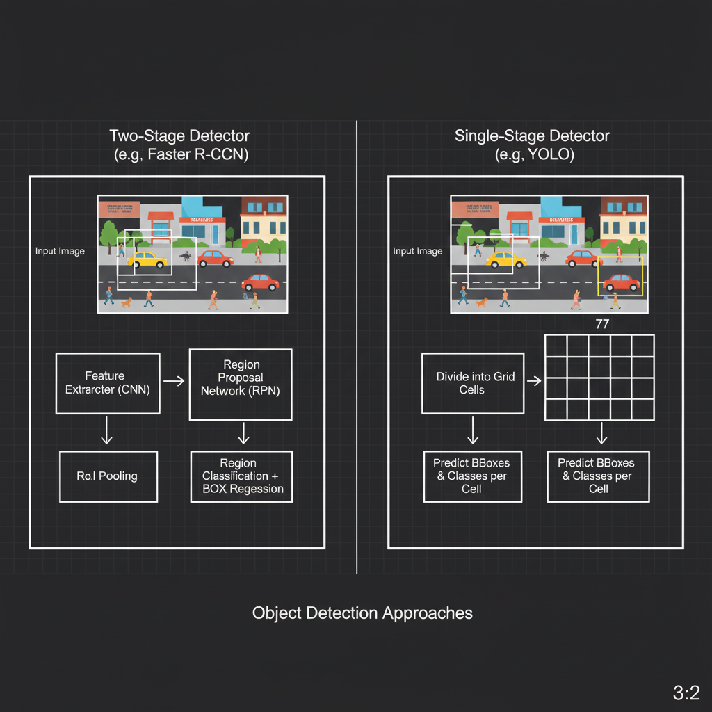 แผนภาพเปรียบเทียบการทำงานระหว่าง Two-Stage (Faster R-CNN) และ Single-Stage (YOLO/SSD)