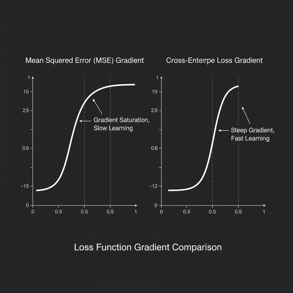แผนภาพเปรียบเทียบ Gradient ของ MSE ที่แบนราบเมื่อโมเดลทายผิดมากๆ เทียบกับ Cross-Entropy ที่ชันขึ้นเรื่อยๆ ช่วยให้เรียนรู้ได้เร็ว