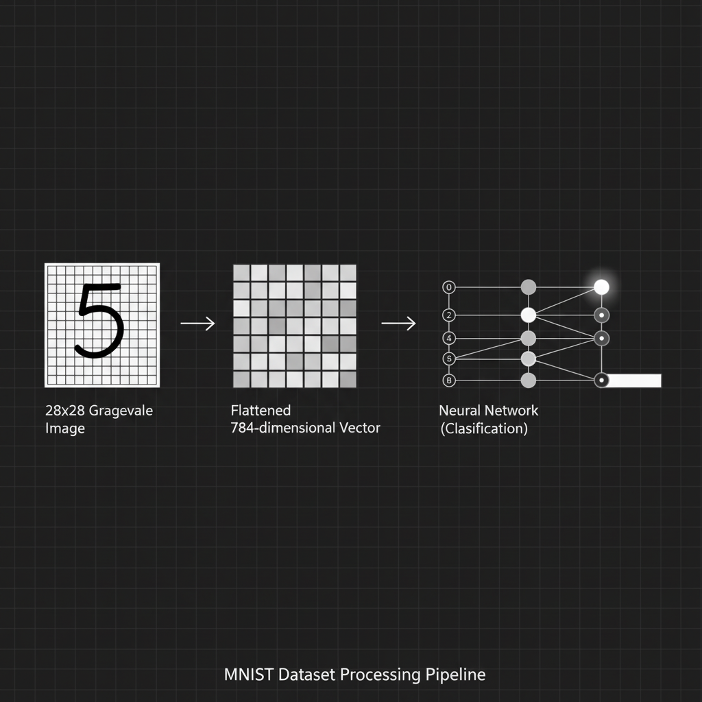 แผนภาพแสดงกระบวนการนำภาพ MNIST ขนาด 28x28 แปลงเป็นเวกเตอร์ 784 มิติเพื่อป้อนเข้าสู่โมเดล Image Classification