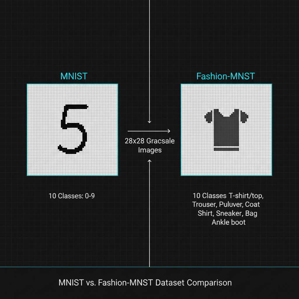 แผนภาพเปรียบเทียบภาพตัวเลข MNIST ดั้งเดิม กับภาพเสื้อผ้า Fashion-MNIST ที่มีความซับซ้อนกว่าในขนาด 28x28 พิกเซล