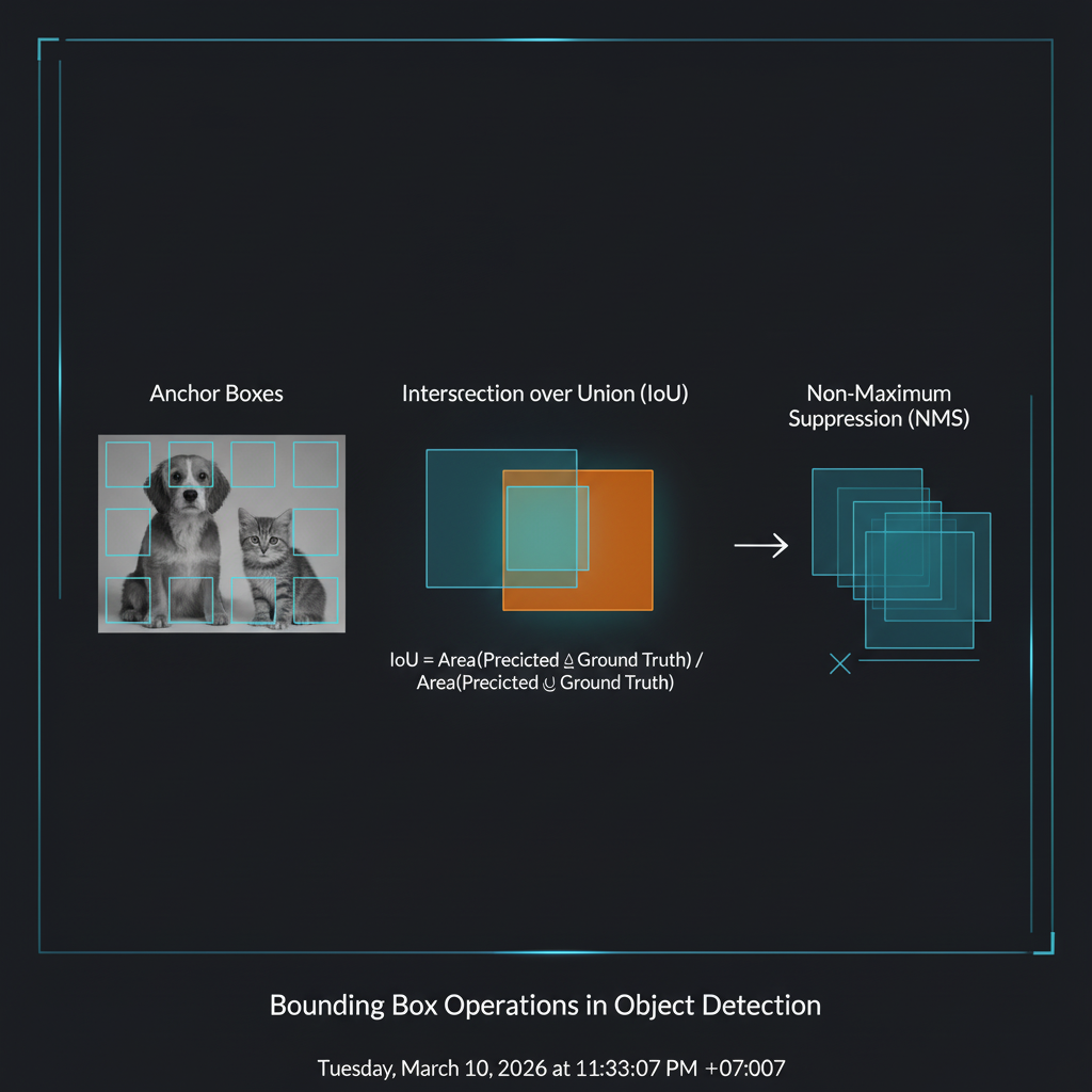แผนภาพแสดงการใช้ Anchor Boxes ในการหาขอบเขตของวัตถุ และการวัดผลด้วย IoU