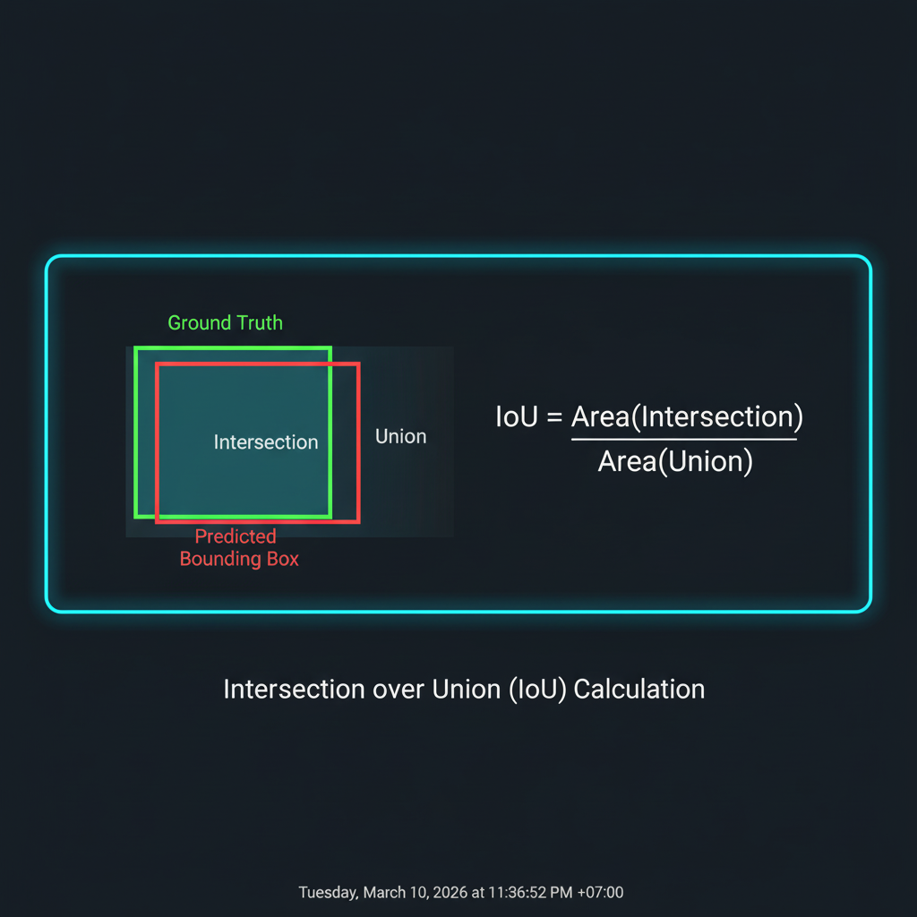 แผนภาพแสดงการคำนวณ Intersection over Union (IoU) ระหว่าง Predicted Box และ Ground Truth Box