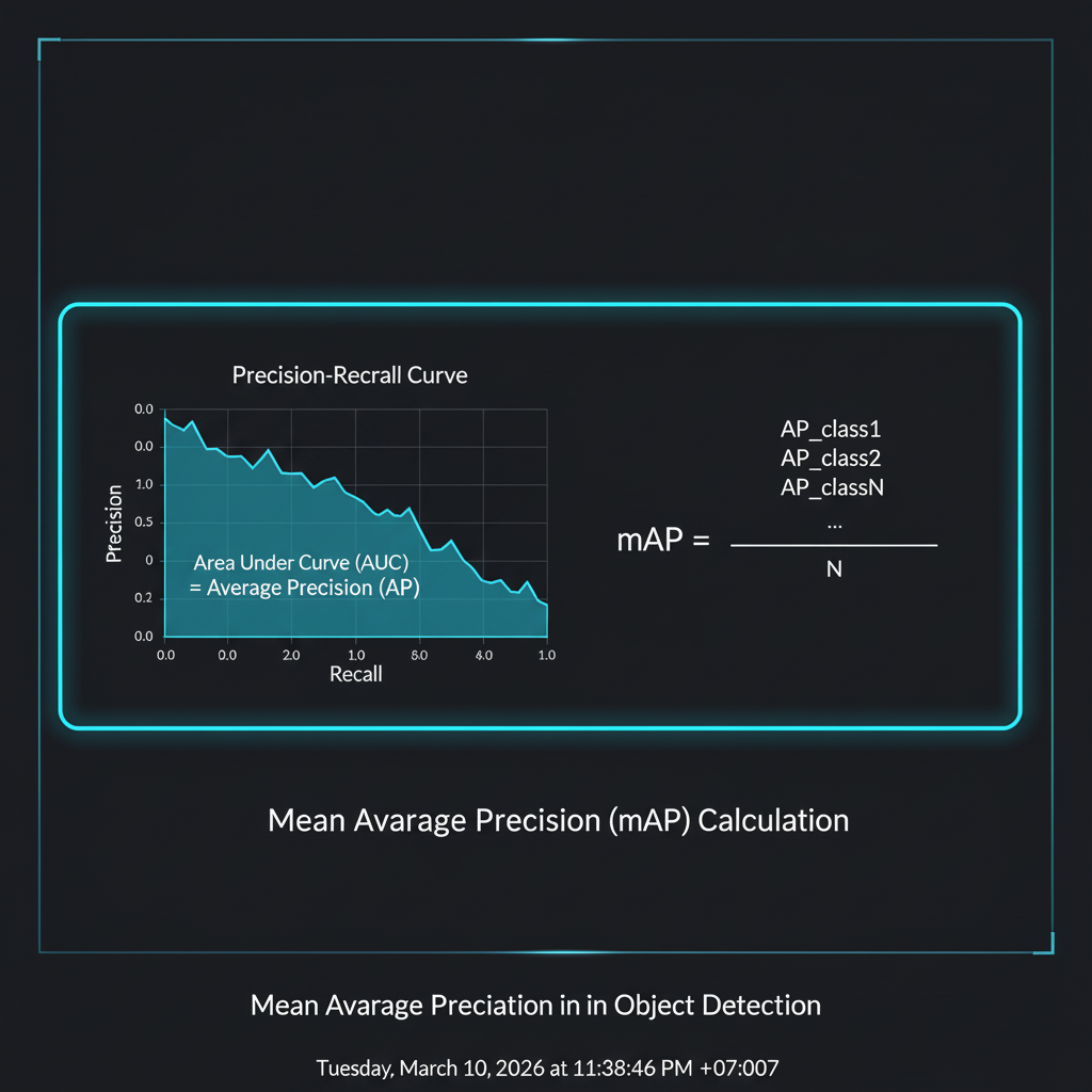 แผนภาพแสดงกราฟ Precision-Recall Curve การแรเงาพื้นที่ใต้กราฟเพื่อหาค่า AP และการเฉลี่ยค่าเพื่อหา mAP