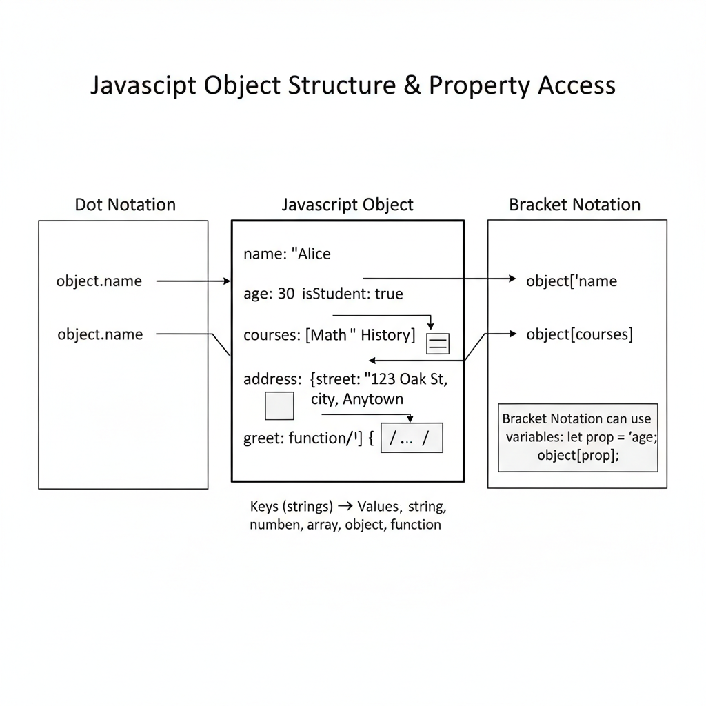 แผนภาพแสดงโครงสร้างของ Object และการเข้าถึงข้อมูลด้วย Dot Notation เทียบกับ Bracket Notation