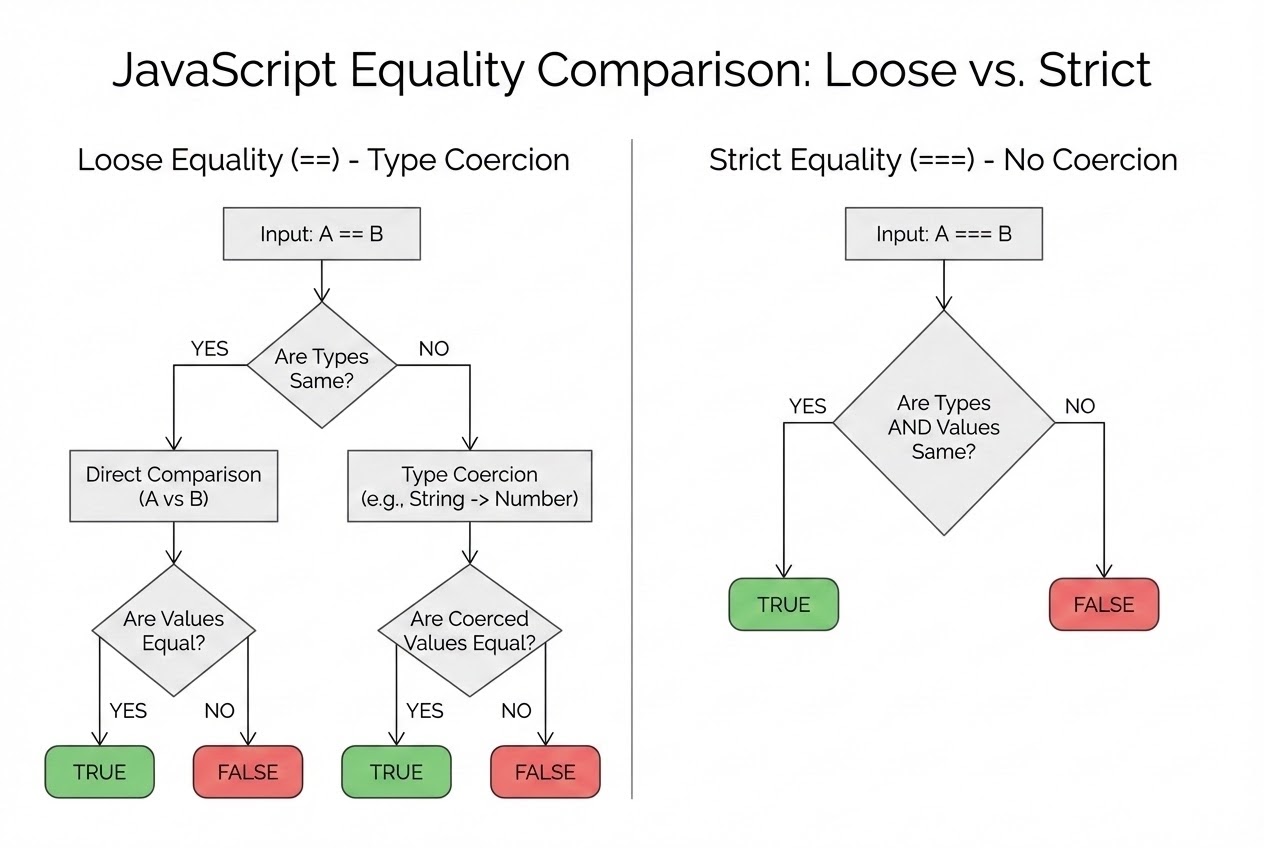 แผนภาพเปรียบเทียบการทำงานของ Loose Equality (==) และ Strict Equality (===)