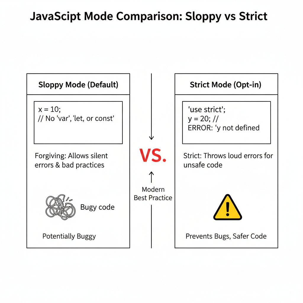 แผนภาพเปรียบเทียบการทำงานระหว่าง Sloppy Mode และ Strict Mode