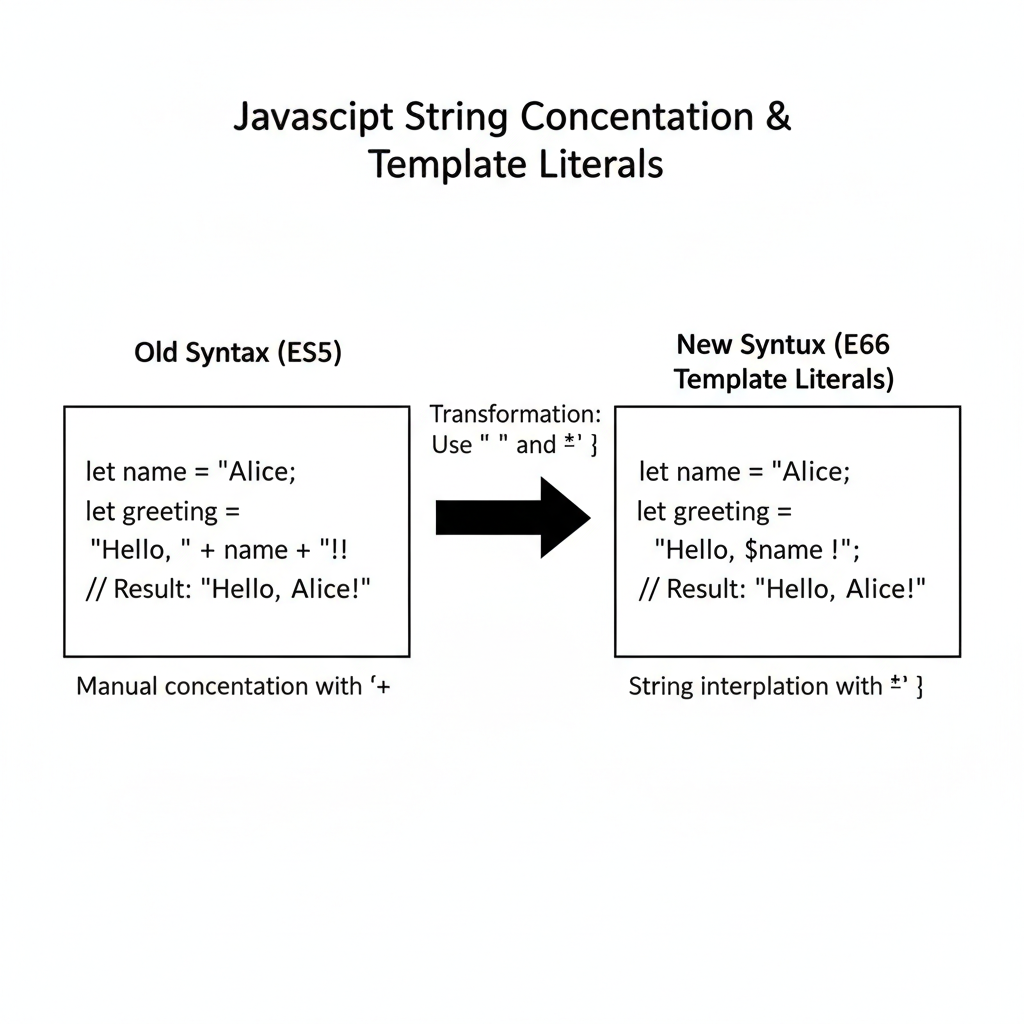 แผนภาพเปรียบเทียบการต่อข้อความแบบเดิมด้วยเครื่องหมาย + กับการใช้ Template Literals แบบใหม่