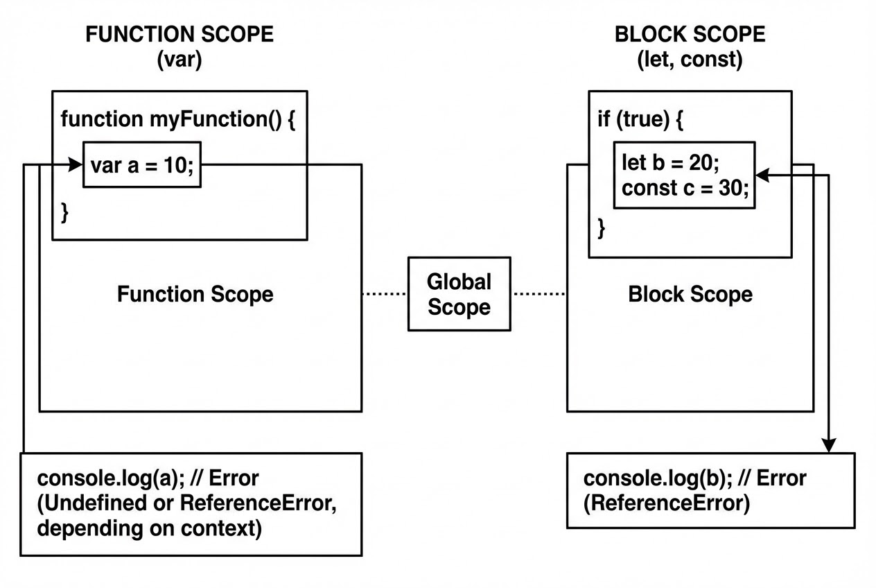 แผนภาพเปรียบเทียบ Function Scope ของ var และ Block Scope ของ let/const