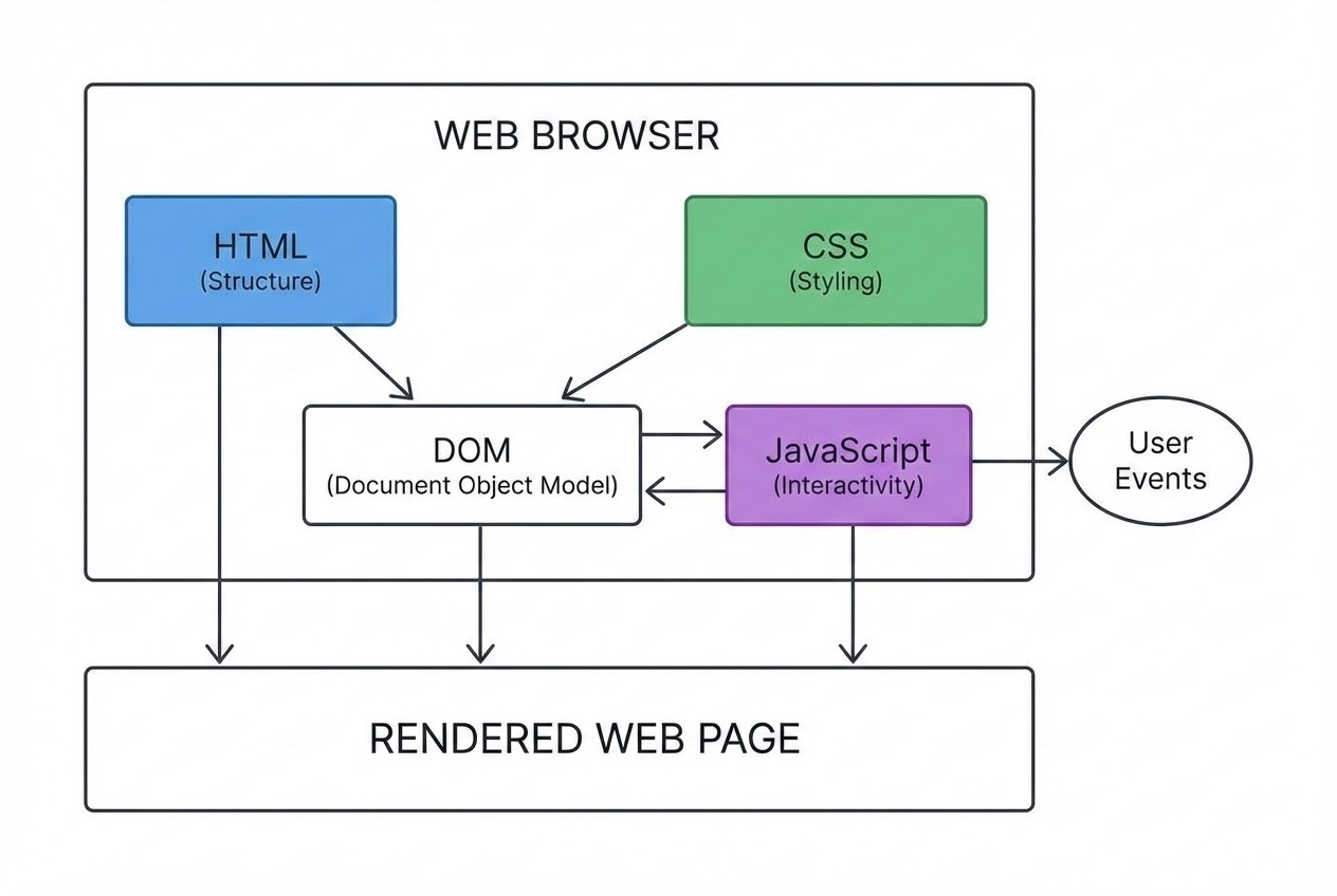 แผนภาพแสดงการทำงานร่วมกันของ HTML, CSS และ JavaScript
