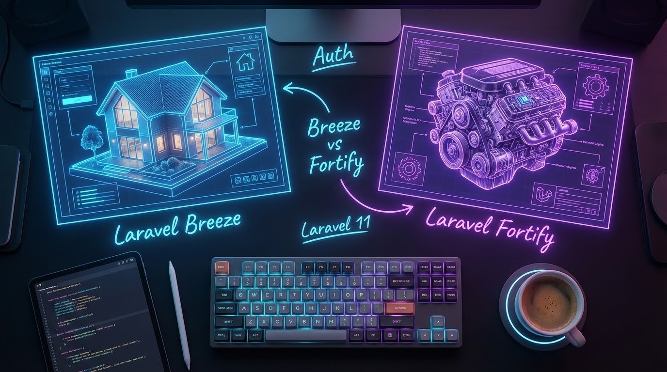 Holographic blueprints comparing Laravel Breeze and Fortify