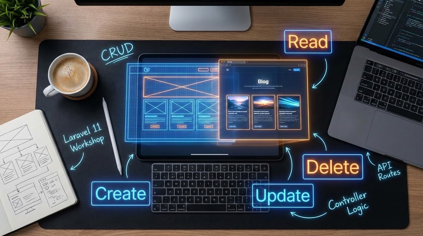 A developer workspace with holographic blueprints representing a Laravel CRUD Workshop