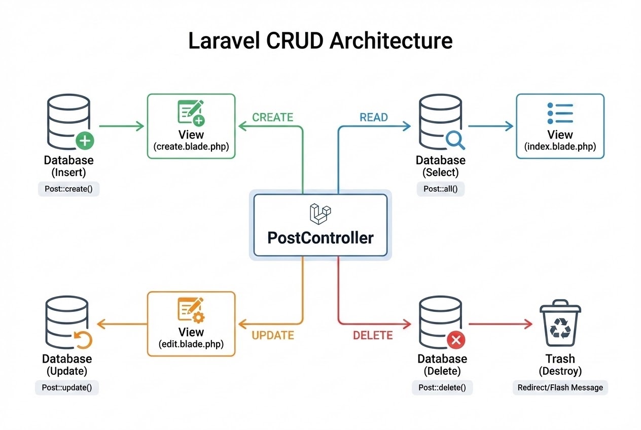 System flow diagram illustrating the CRUD architecture in Laravel