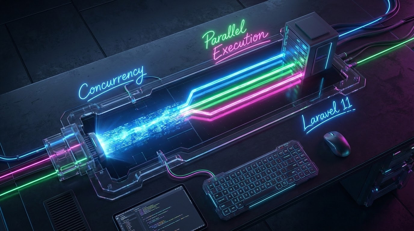A futuristic developer desk showing a single data beam splitting into multiple parallel high-speed beams, representing Laravel Concurrency