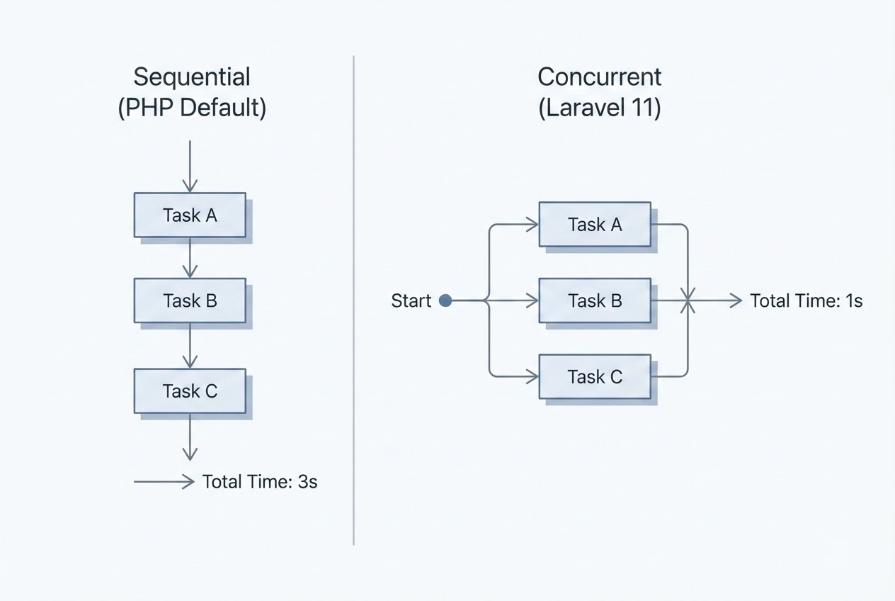 System flow diagram comparing Sequential execution (stacked timeline) vs Concurrent execution (parallel timelines)