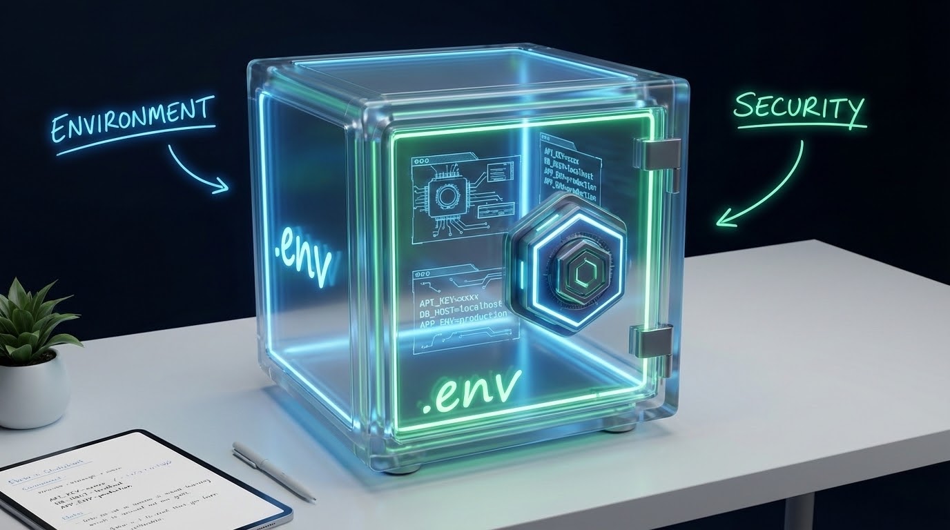 A futuristic high-tech safe representing a .env file protecting configurations