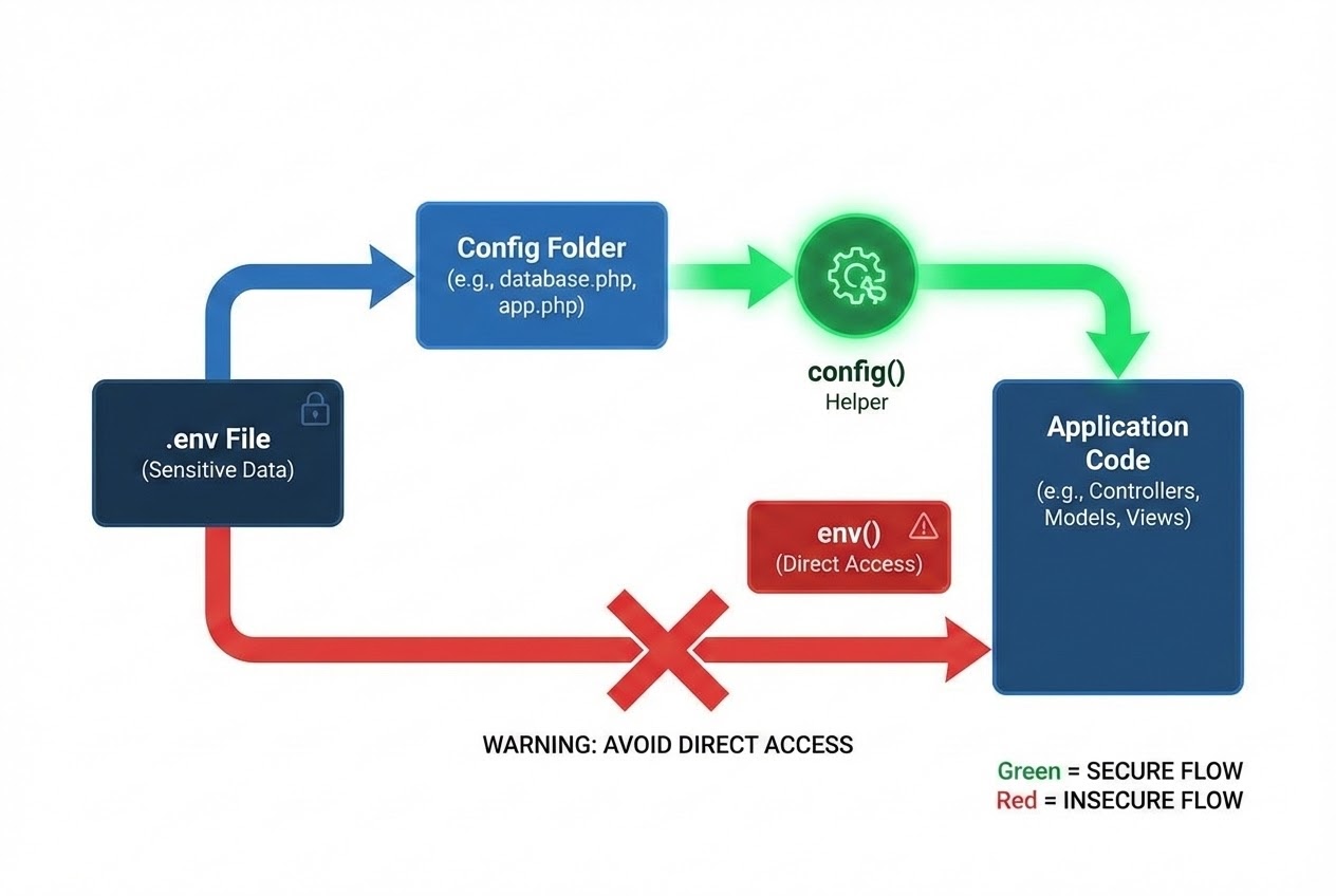 System flow diagram showing .env feeding to Config Folder, then to Application Code via config() helper