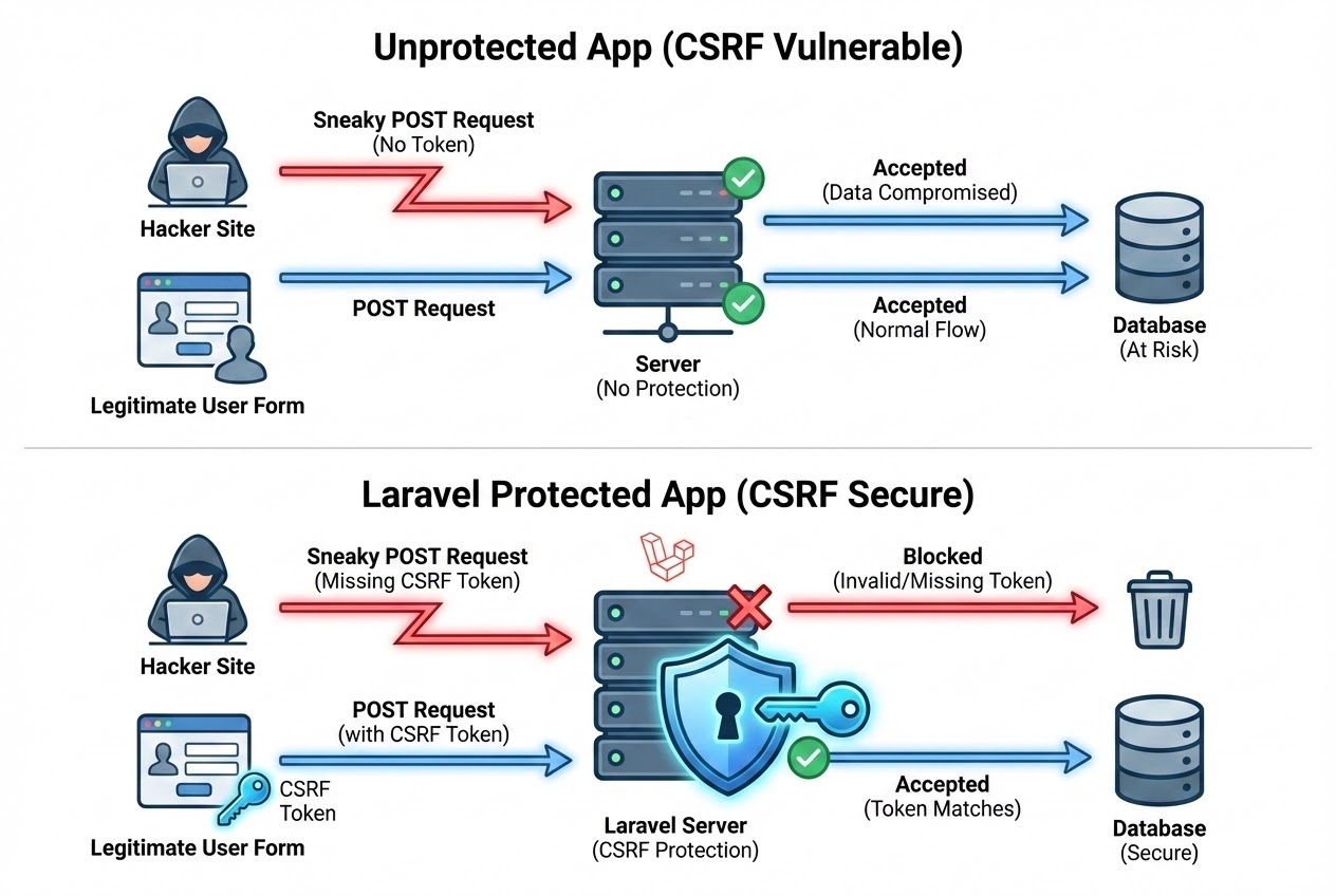 System flow diagram comparing an unprotected app vs a Laravel protected app requiring a CSRF token