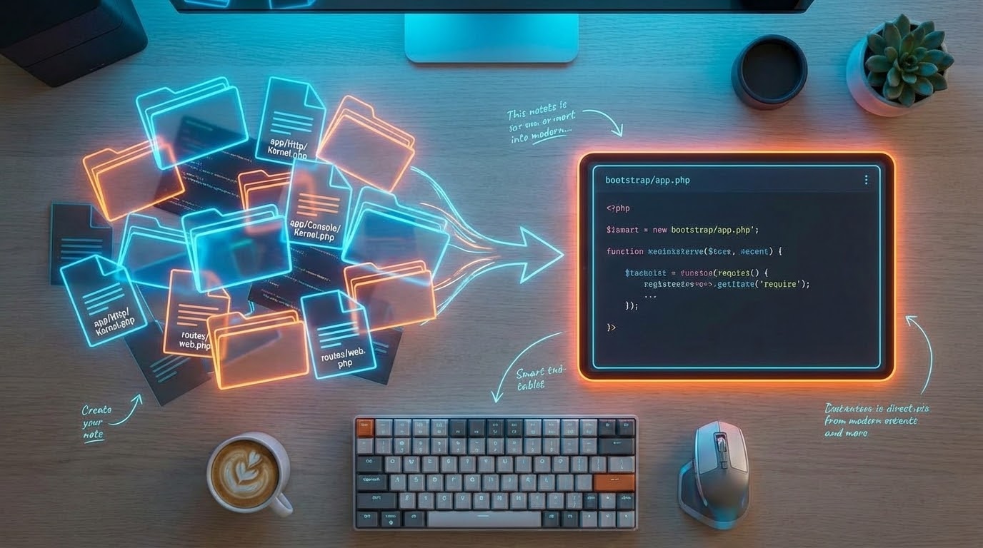 Holographic folder structure morphing into a single smart tablet displaying bootstrap/app.php