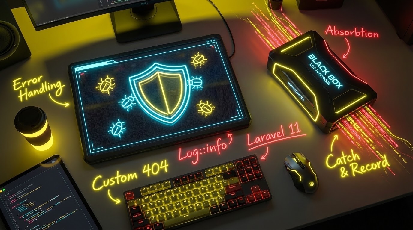 A futuristic developer desk visualizing Error Handling and Logging mechanisms