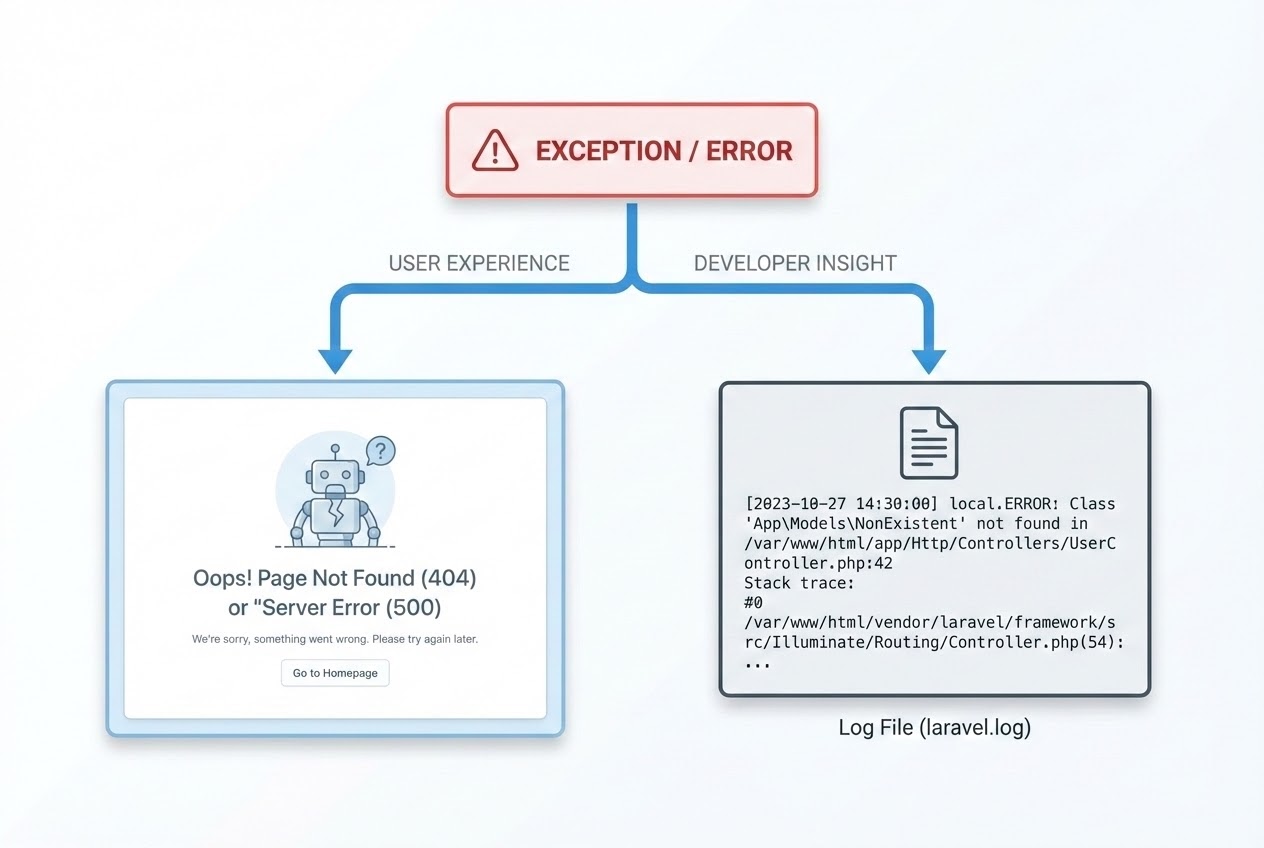 System flow diagram splitting an Exception into a Custom UI and a Log File