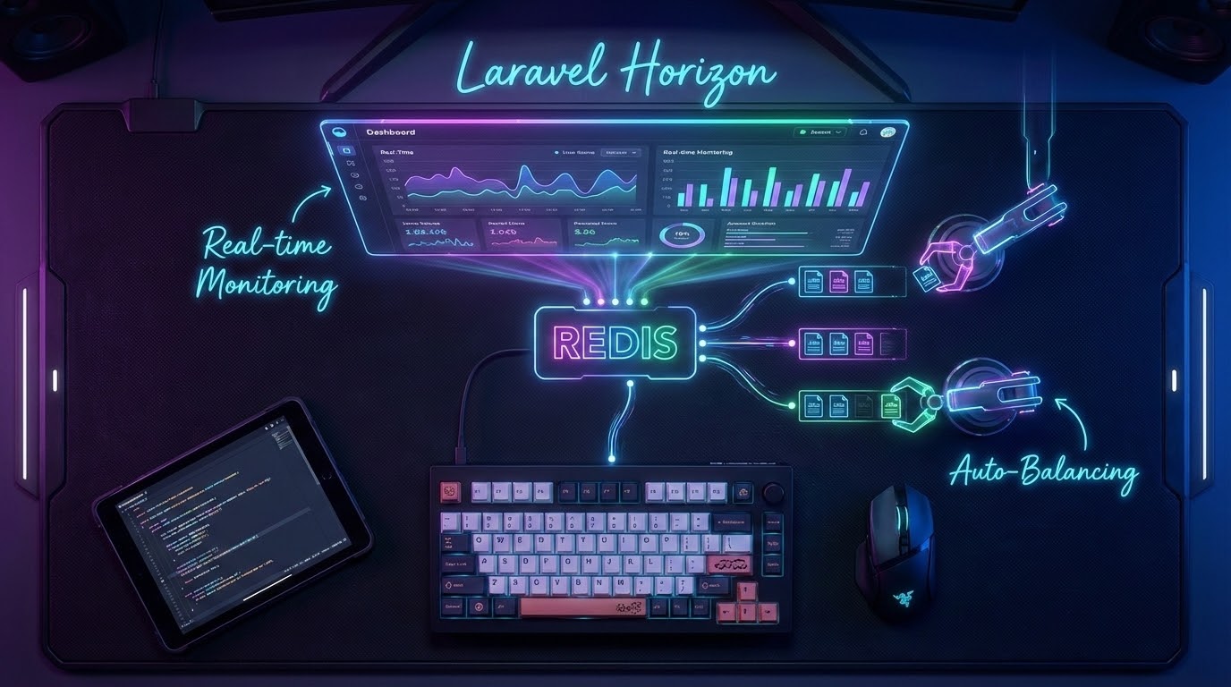 A futuristic holographic dashboard representing Laravel Horizon monitoring Redis queues
