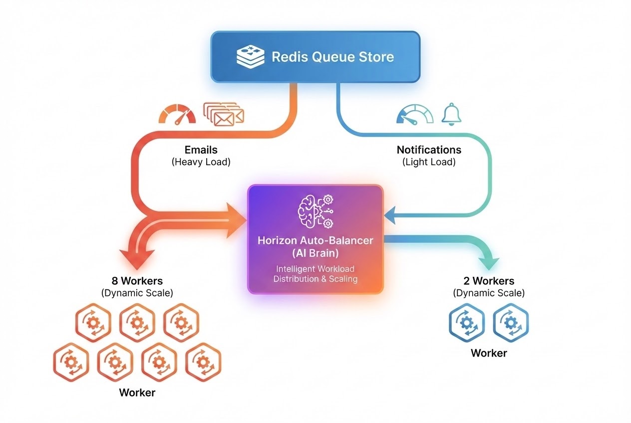 System flow diagram illustrating Laravel Horizon's Auto-Balancing feature allocating workers based on queue load