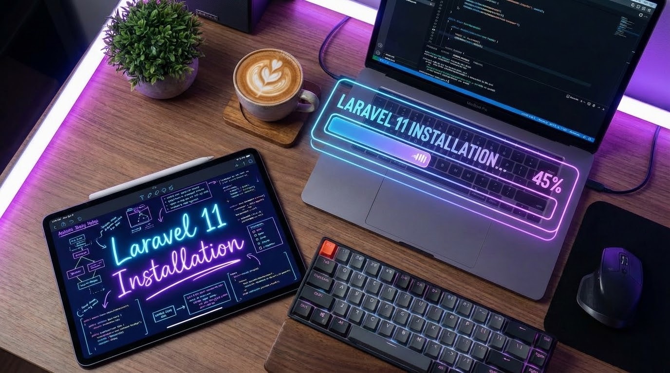 A modern developer desk with holographic installation progress