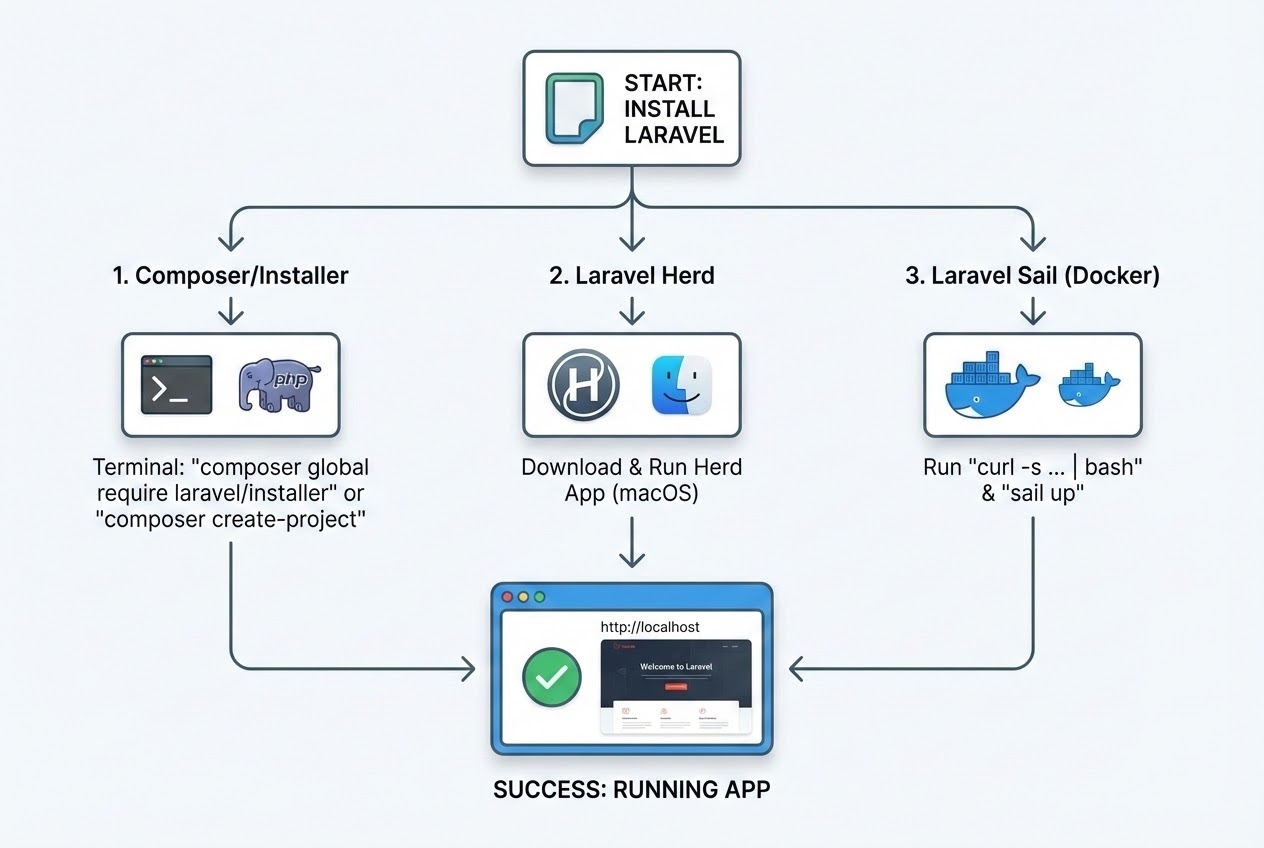 System flow diagram showing Laravel installation paths: Composer, Herd, and Sail