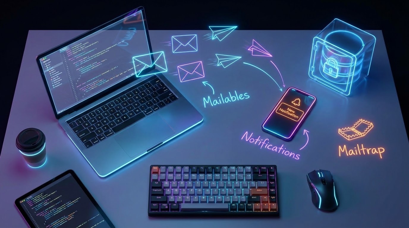 A futuristic developer desk with holographic envelopes representing Mail and Notifications