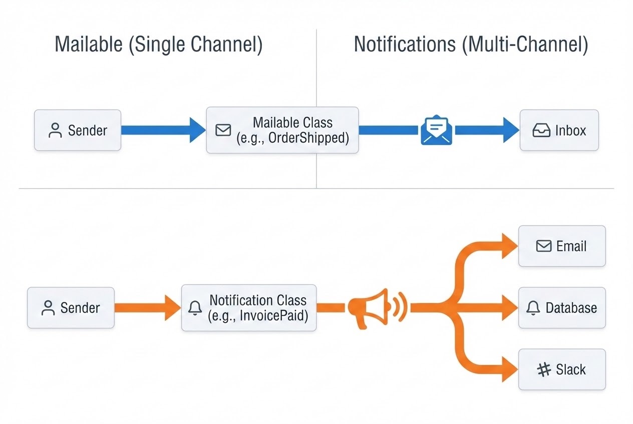 System flow diagram comparing Mailable direct path vs Notifications multiple channels