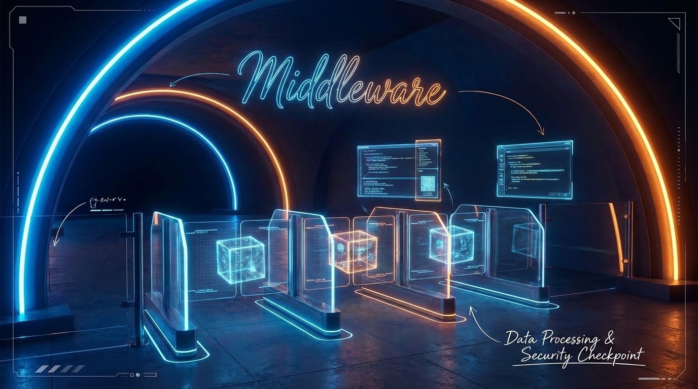 A futuristic cyberpunk immigration checkpoint representing Middleware