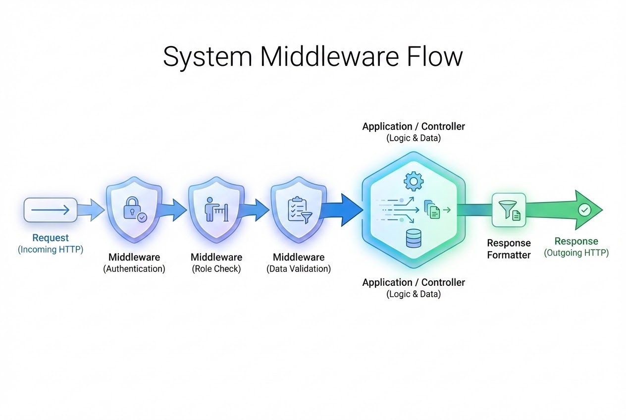 System flow diagram showing an incoming Request passing through Middleware shields before reaching the Controller