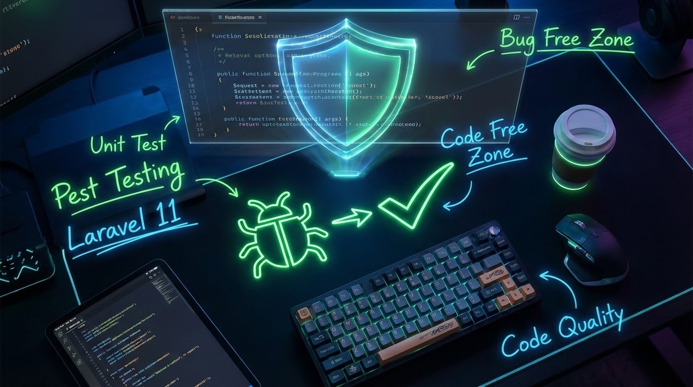 A futuristic developer desk with a glowing shield protecting code, representing Pest Testing