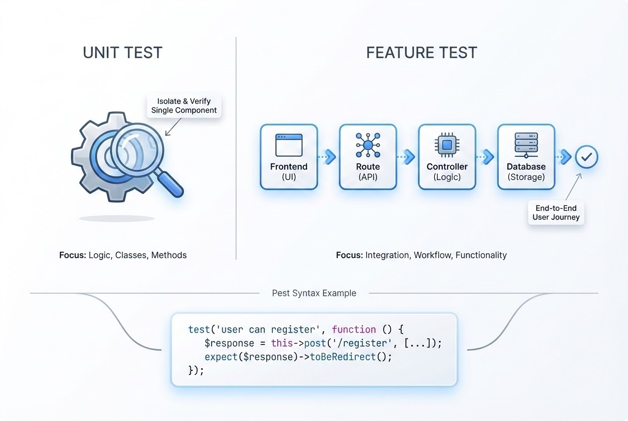 System flow diagram comparing Unit Test (single gear) and Feature Test (full engine)