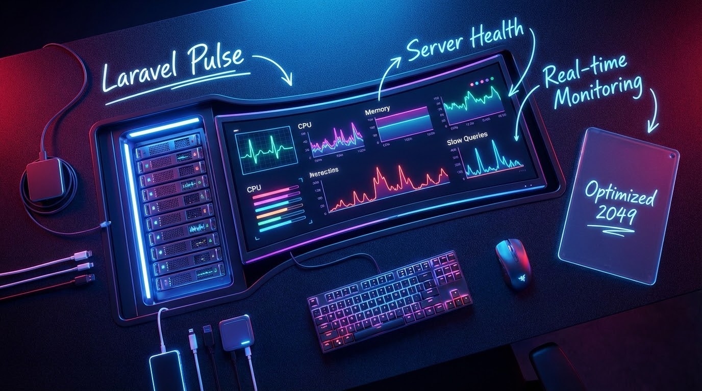 A futuristic medical monitor checking server health, representing Laravel Pulse